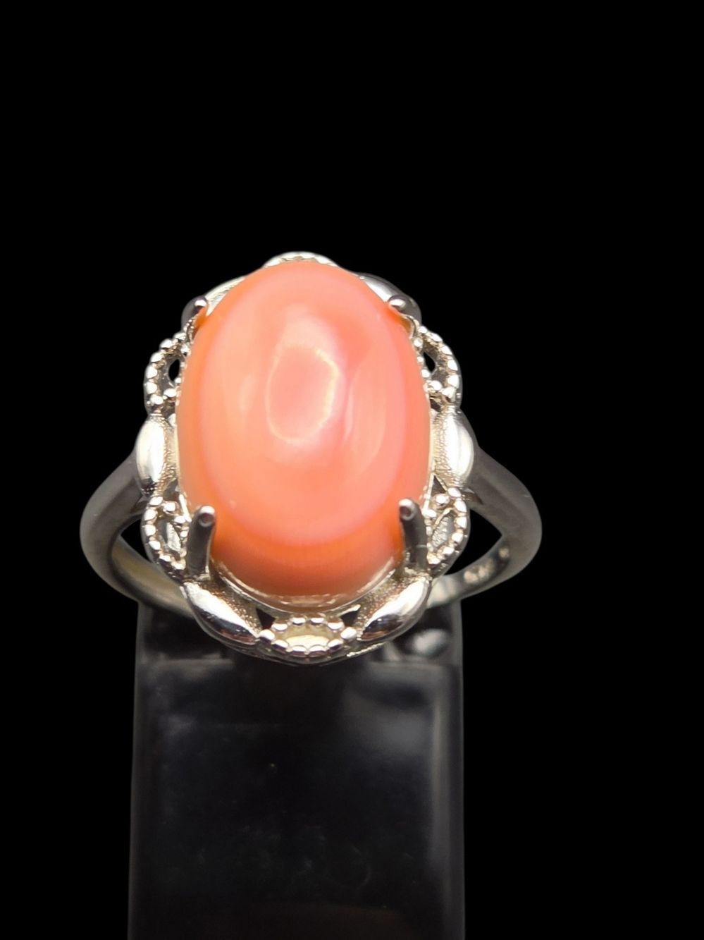 Sterling Silver Adjustable Ring, Coral-Pink Conch Oval Cabochon